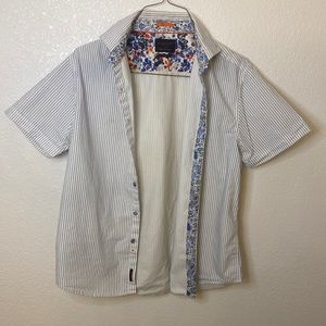 Large, white with blue stripes button up short sleeve dress shirt.